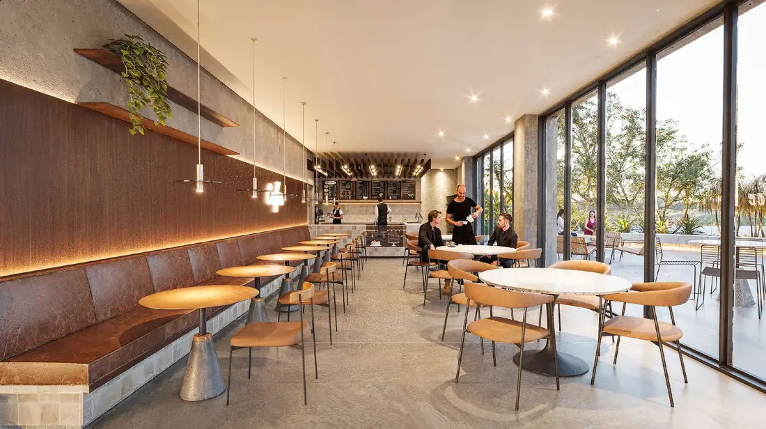 Café e coworking com vista mar
